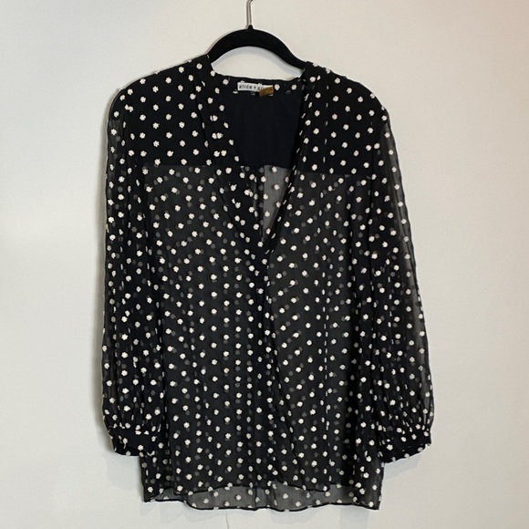 Alice + Olivia Sheer Sheila Black w/ Ivory Embroidered Flowers Top Size L - Picture 3 of 7